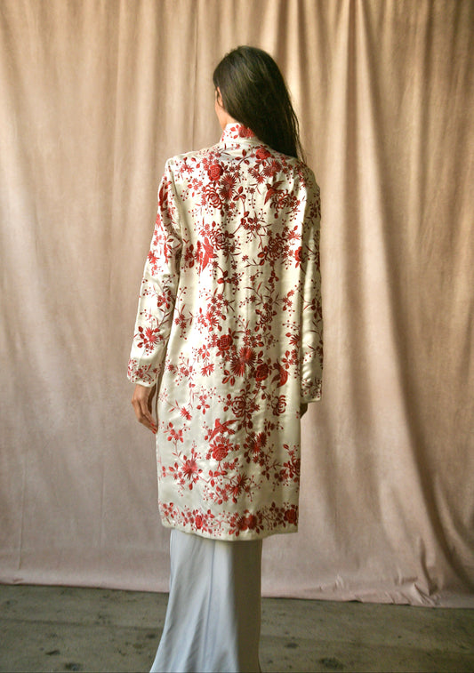 antique floral bird embroidered silk chinoiserie coat