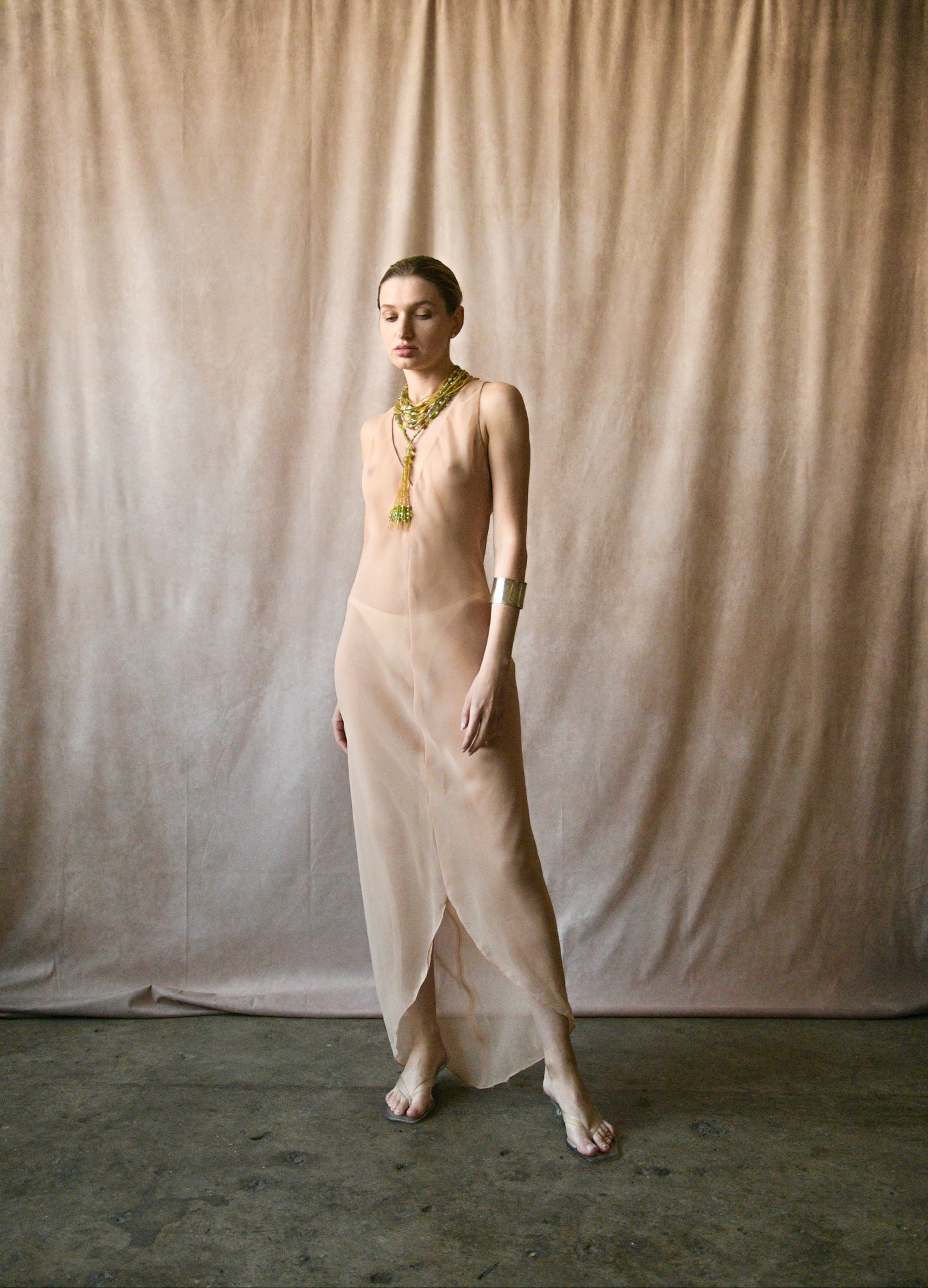 1970s halston semi sheer nude dress