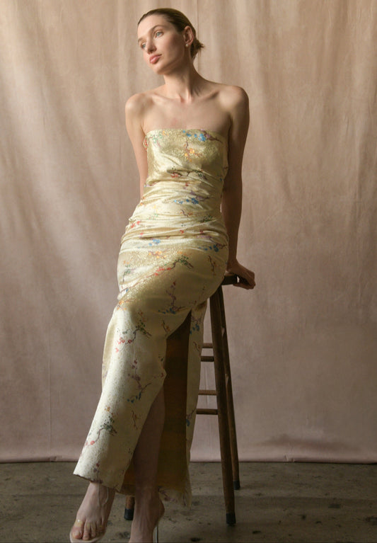 1950s / 60s silk cherry blossom embroidered chinoiserie dress