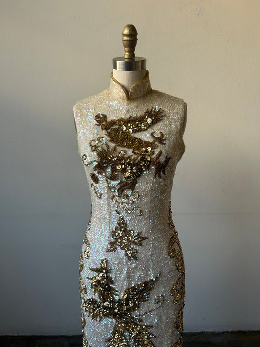 1960s sequin bead gold dragon phoenix qipao cheongsam dress