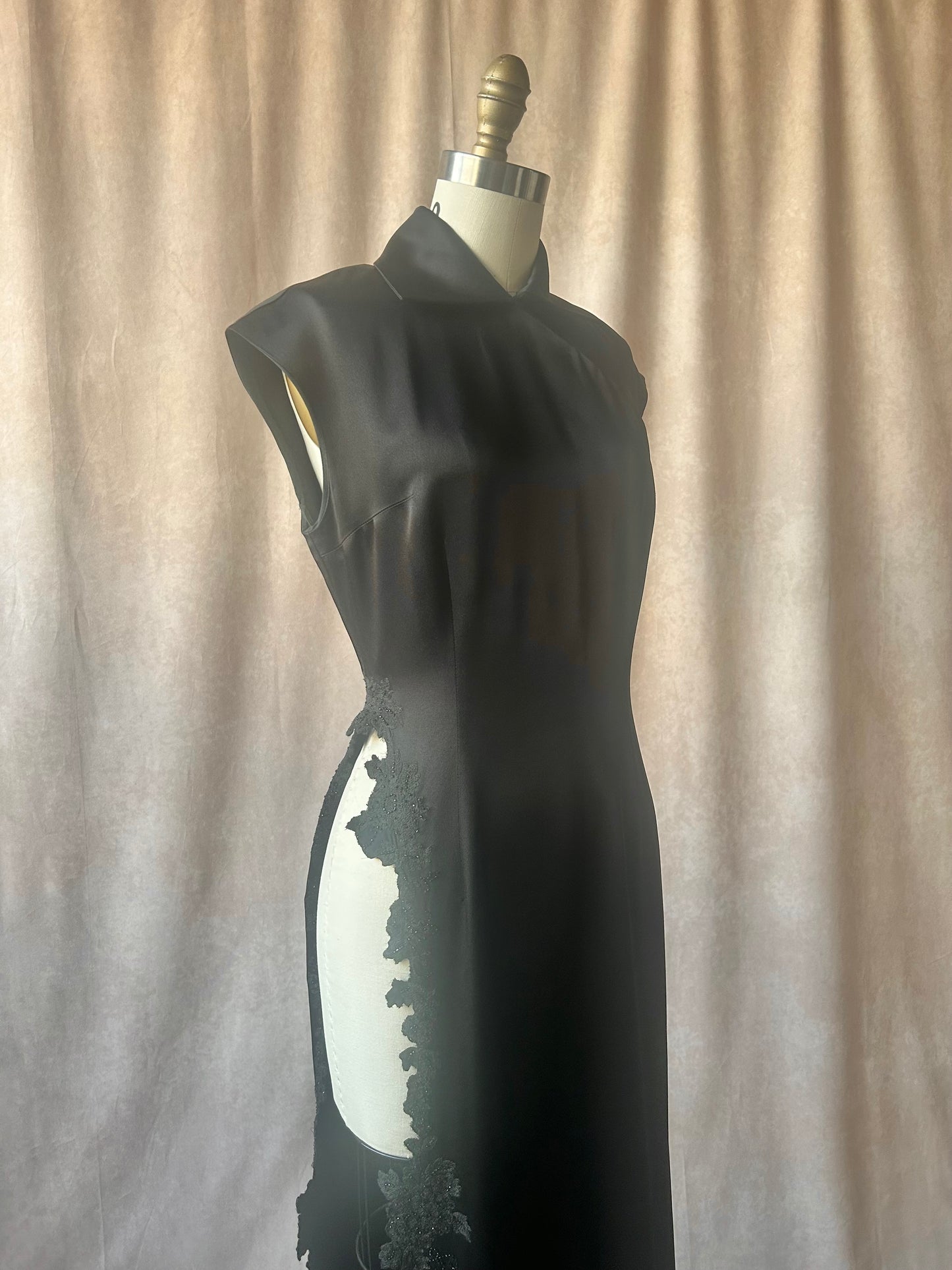 richard tyler spring 1996 black beaded high slit qipao dress
