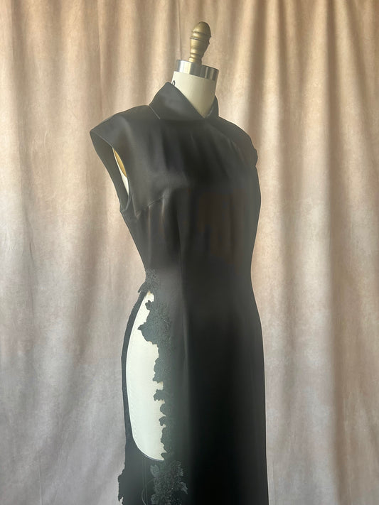 richard tyler spring 1996 black beaded high slit qipao dress