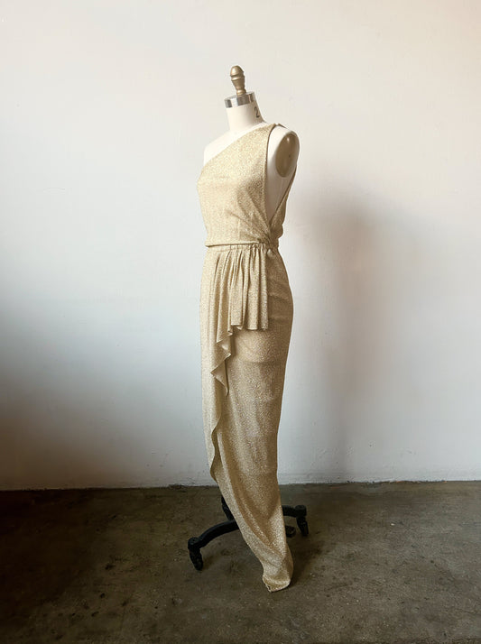 1979 halston couture gold lamé one shoulder grecian dress