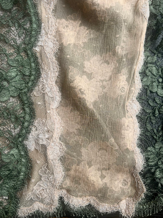 ON HOLD geoffrey beene 1970s green two tone lace one shoulder dress