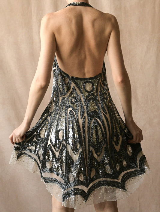 roberto cavalli butterfly pattern sequin bead embellished halter dress