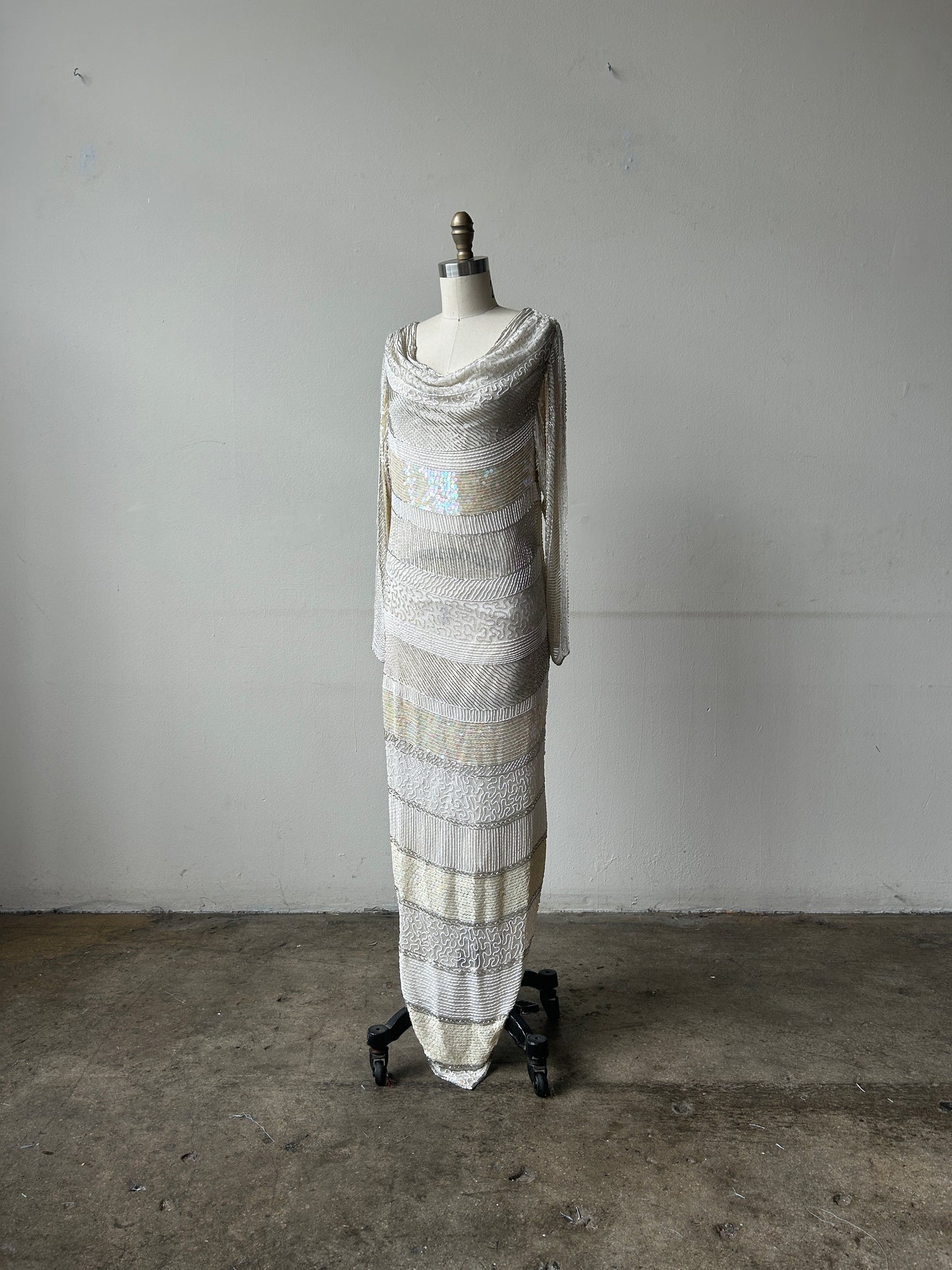 white silk beaded sequin column dress