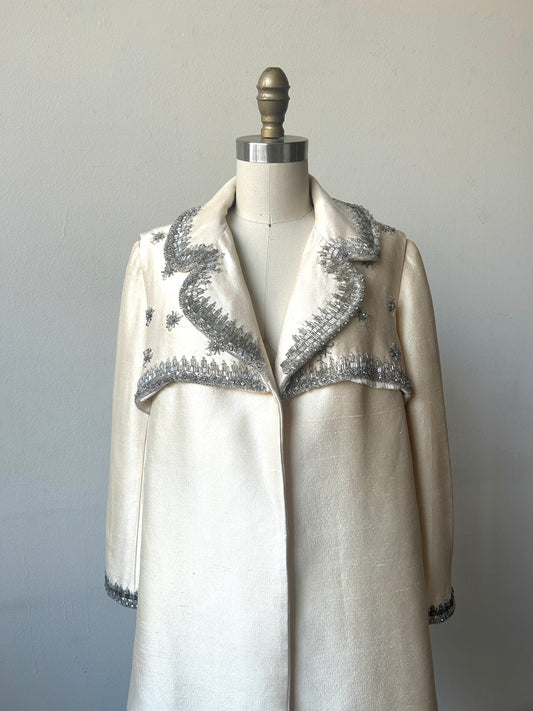 1960s silk shantung deco bead and rhinestone opera coat