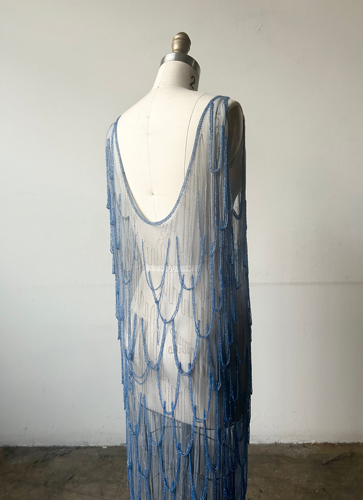 1920s periwinkle glass bead dress